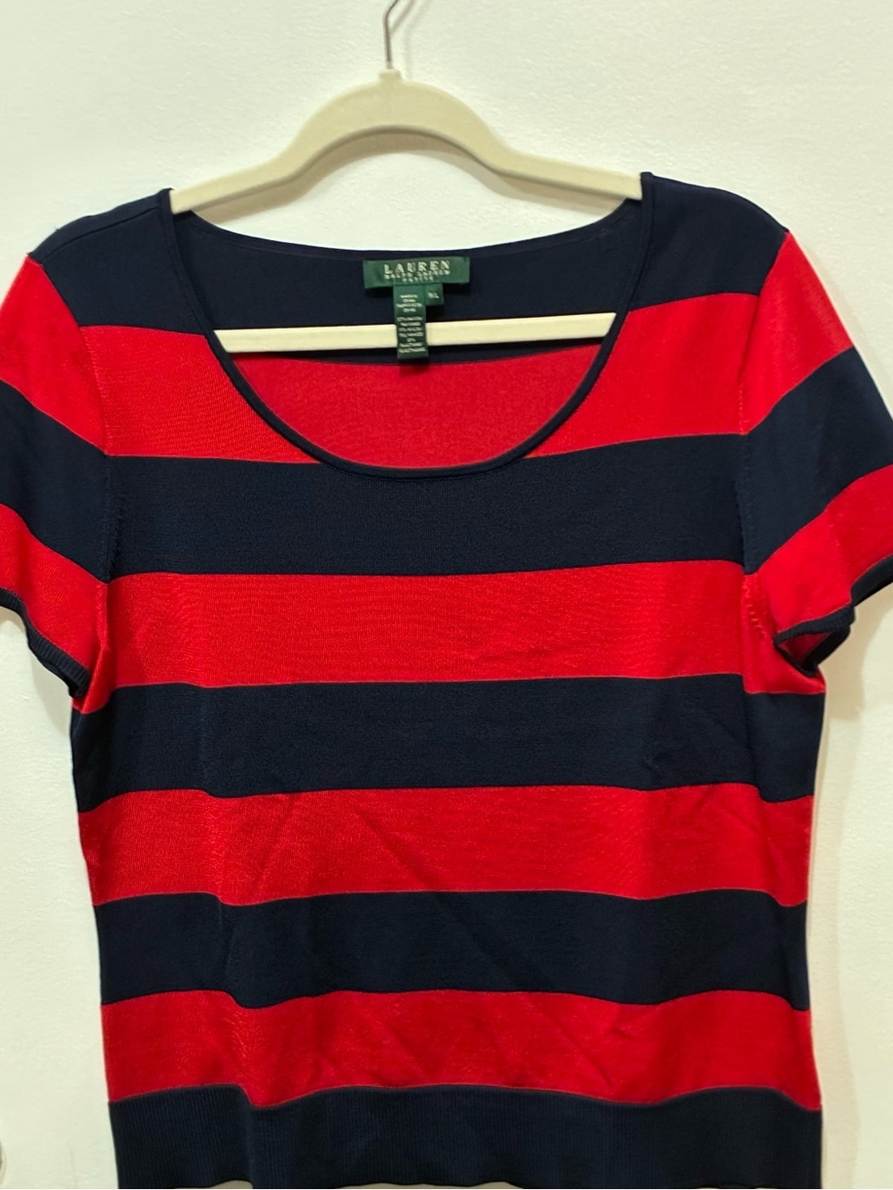 Ralph Lauren Red and Navy Striped Short-Sleeve Scoop Neck